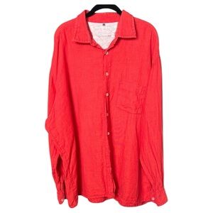 Signum Coral Red Button Down Long Sleeve Linen Shirt - XXL
